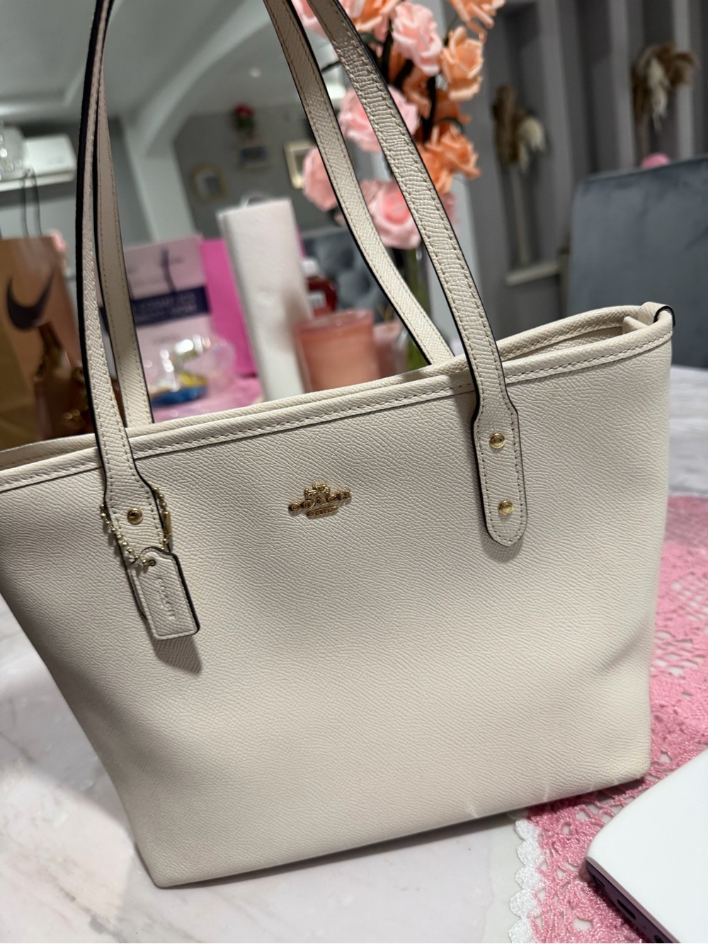 Coach Pebble Leather Tote in Chalk Cream with Gold Hardware